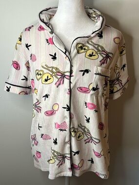 Soft PLAYBOY Pink Makeup Printed Front Stylish PJ Tee - Classic Button Front